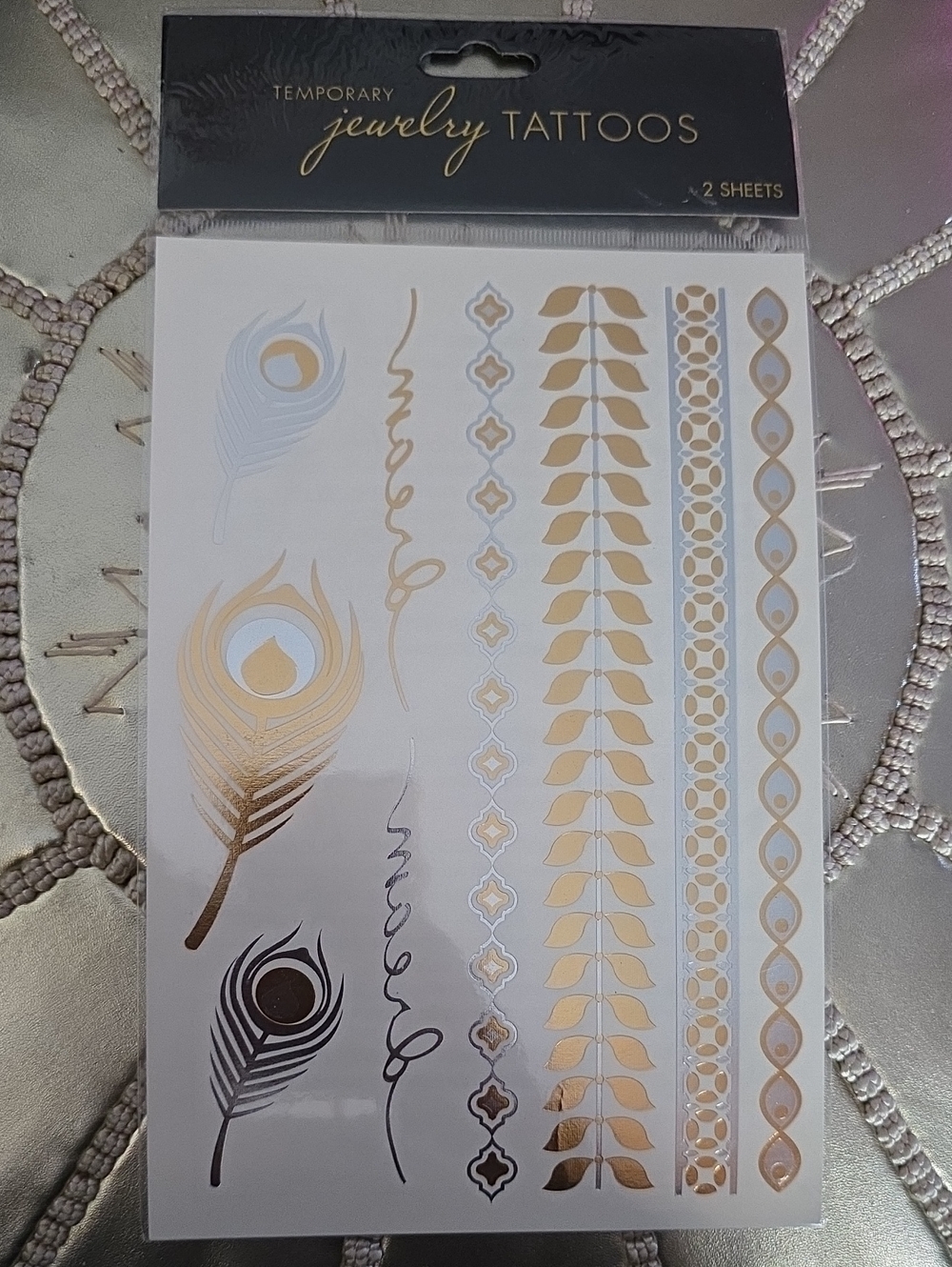 Temporary Jewelry Tattoos - Gold and Silver Peacock Feather Set